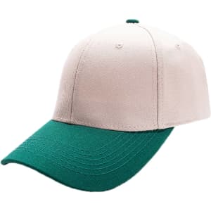 A 6 panel adjustable baseball cap with a cream crown and a green visor. Features a logo on the front.