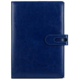 A navy blue PU notebook with a textured finish and a clasp closure. Features a logo on the front cover.