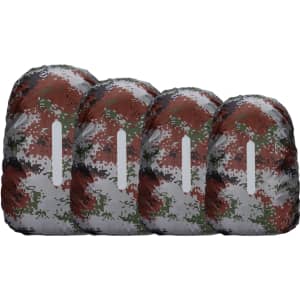 A set of four reflective backpack rain covers in a camouflage pattern featuring earthy tones of brown, green, and grey.