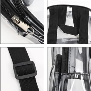 A clear mini backpack with a black zipper, straps, and buckle detailing. It features a transparent design.