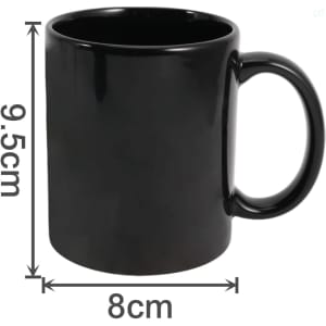 A black heat-sensitive mug with a glossy finish, featuring dimensions of 9.5 cm height and 8 cm diameter.