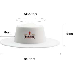 A white flat top felt fedora hat with a wide brim and a logo on the front. Dimensions displayed in the image.