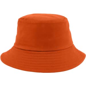 An orange custom cotton bucket hat with a wide brim and a structured top. It features a logo.