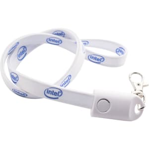 A white polyester lanyard featuring a logo and a clip for attaching items.