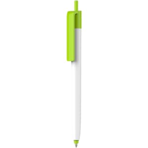 A creamy white barrel pen with a bright green push button and clip, featuring a logo on the barrel.