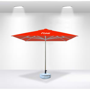 A red 3x3m square market umbrella with a grey base and a logo on the canopy, set against a plain background.