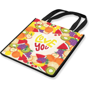 A cotton tote bag featuring a vibrant fruit design with a black handle. It has a colourful background and the phrase "Love You."