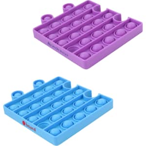 A purple and blue Puzzle Shape Pop It Fidget Toy, featuring multiple bubble shapes for popping. Includes branding.