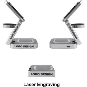 A foldable wireless charger stand in silver, featuring a sleek design and an engraved logo.