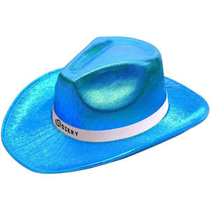 Iridescent blue cowboy hat with a white band and branding on the front.