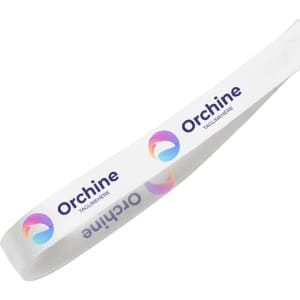 A white satin polyester ribbon with colourful branding and a logo displayed prominently.