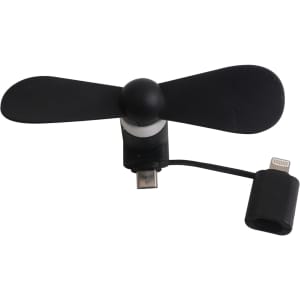 A black 2 in 1 smart phone fan with a USB connector and a compatible adapter.