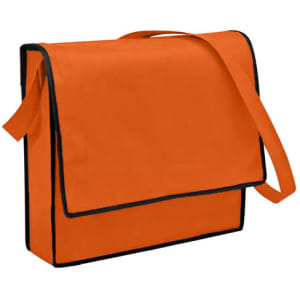 An orange non-woven sling bag with a black trim and a flap closure, featuring an adjustable strap.