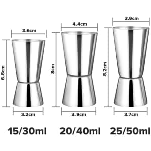 A set of three stainless steel double jiggers in varying sizes, featuring a polished finish and measurement markings.