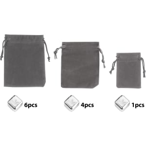 A set of three grey drawstring bags alongside stainless steel ice cubes in various quantities. The bags are neatly organised.