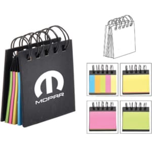 A 4-layer recycled sticky notepad in black, featuring coloured sticky notes and a branded logo.