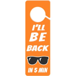 An orange acrylic door hanger with a circular cutout and a sunglasses graphic.