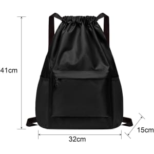 A black multi-pocket drawstring backpack with adjustable straps and a front zip pocket, measuring 41cm by 32cm.
