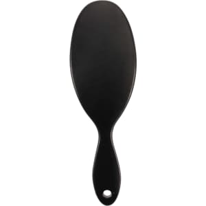 A black custom hair brush with an oval shape and a handle, featuring a hole for hanging.