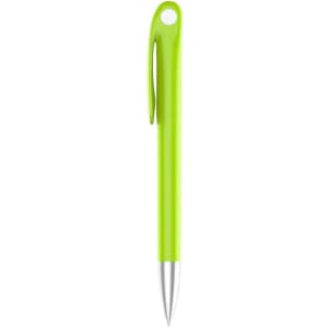 A bright green plastic pen with a silver tip and a clip, featuring a branding logo.
