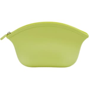 A silicone cosmetic bag in vibrant lime green with a curved design and zip closure.