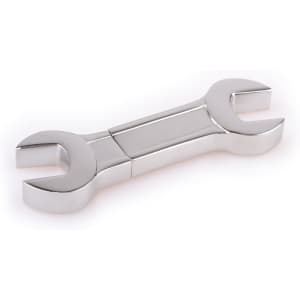 A silver dual spanner flash drive shaped like a wrench, featuring a logo on one side.