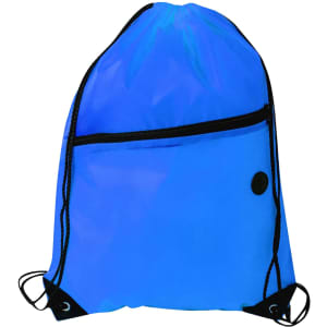 A blue polyester drawstring bag featuring a zippered pocket and black trim, with a logo on it.