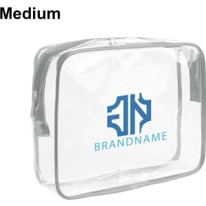 A medium clear toiletry bag with a grey trim and a logo on the front.