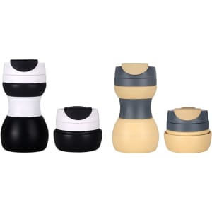 A drink bottle set featuring collapsible silicone coffee cups in black, white, grey, and cream colours, with logos.