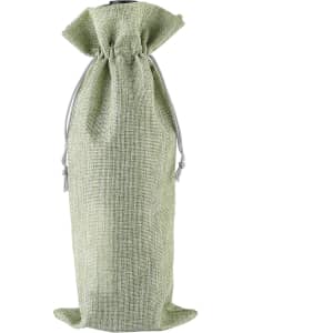 A green wine drawstring bag made from textured material, featuring a cinched top and a simple design.