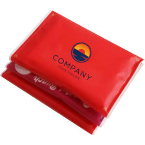 A pack of wallet pocket tissues in a vibrant red case with a logo printed on the front.