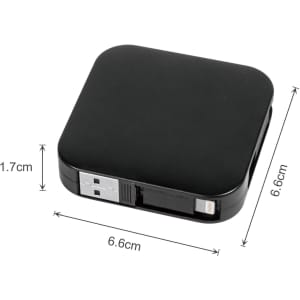 A black, square retractable charging cable with a phone stand, measuring 6.6 cm by 6.6 cm and 1.7 cm high.