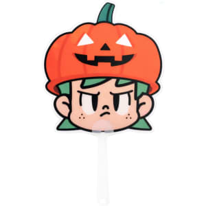 A transparent PVC hand fan featuring a cartoon character with green hair and an orange pumpkin hat.