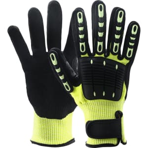 Heavy duty safety work gloves in black and high-visibility yellow, featuring wrist lock and palm guard.