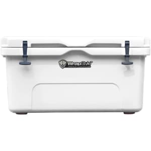 A white 65L cooler box with blue latches and a logo on the front.