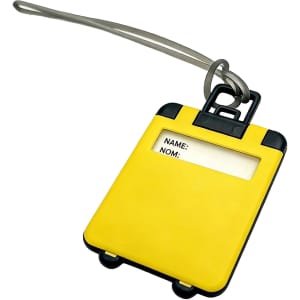 A yellow ABS luggage tag with a black border and a clear section for personal information. It features a metal attachment loop.