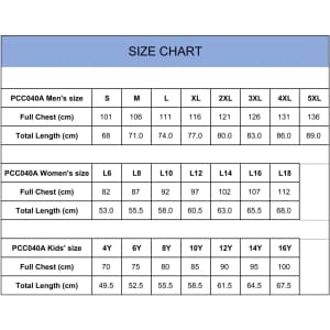 A size chart detailing measurements for men’s, women’s, and kids’ singlets in various sizes.