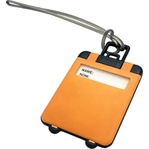 An orange ABS luggage tag with a transparent name slot and a grey strap for attachment.