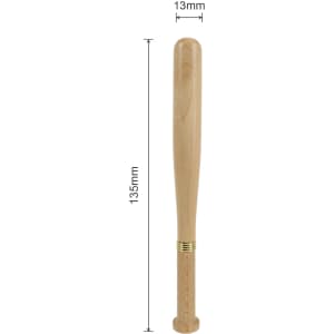 A baseball bat-shaped pen in wood finish, measuring 135mm in length and 13mm in diameter, featuring a logo.