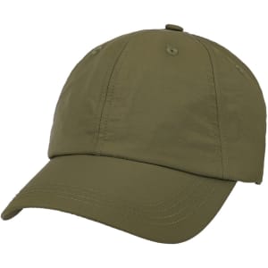 A lightweight cap in olive green with a curved brim and ventilation holes. Features a simple design and branding.