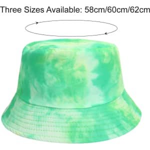 A tie-dye bucket hat featuring a blend of green colours. Available in three sizes: 58cm, 60cm, and 62cm.