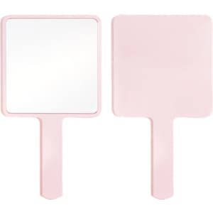 A handheld square mirror with a pink frame and handle, featuring a reflective surface on one side.