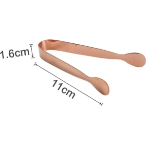 A pair of stainless steel ice tongs in a rose gold finish, measuring 11 cm long and 1.6 cm wide.