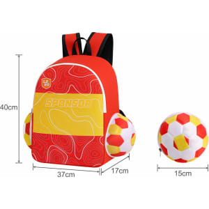 A red and yellow foldable gym bag features a sporty design, with a logo and two attached soccer balls.