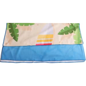 A microfibre beach towel measuring 80x160cm with a colourful surfboard and tropical leaf design.