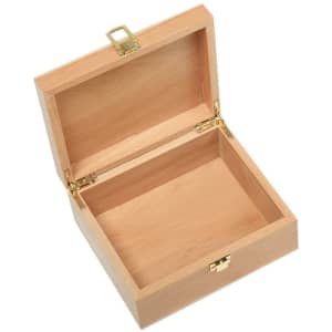A wooden case with a natural finish, featuring gold hinges and a latch, opened to reveal an empty interior.