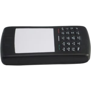 A black mobile phone-shaped stress reliever with a white screen and numeric keypad, featuring a logo.