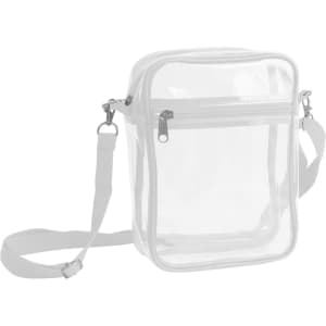 A clear crossbody tote bag with a zipper closure, featuring a detachable strap and a sleek, transparent design.