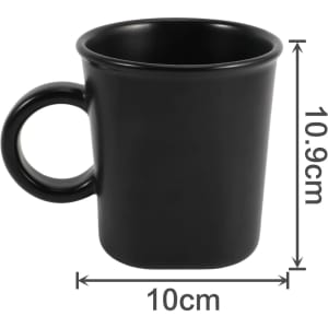 A black ceramic coffee mug with a round handle, measuring approximately 10.9 cm in height and 10 cm in diameter.