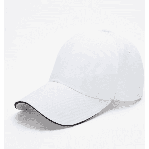 A white 6-panel sandwich peak cap with a contrasting black trim and a logo on the front.